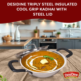 DesiDine Triply Steel Insulated Cool Grip Kadhai With Steel Lid